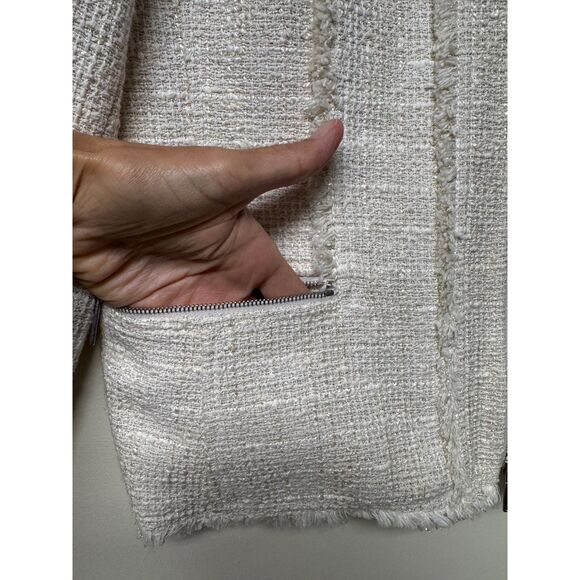 LAFAYETTE 148 Tweed Fringe Zip Front Blazer, Ivory, Pockets, Sz 8 - Picture 10 of 13